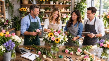 A small team in a floral workspace reviewing bouquet designs and discussing flower presentation ideas.