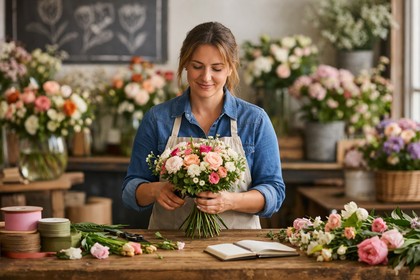 A centered bouquet of seasonal flowers on a worktable with soft natural light in a floral studio.