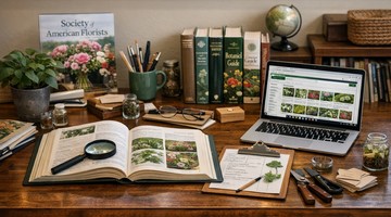 An organized table with flower reference books, plant care notes, and botanical materials.