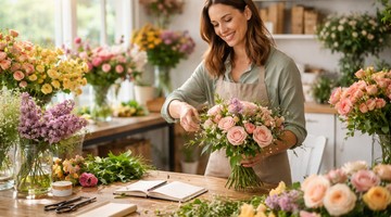 A florist arranging fresh stems into a balanced bouquet with greenery and colorful blooms.